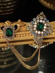 1pc High-End Luxury Baroque Green Tassel Chain Brooch, Vintage Palace Style Clothing Accessory, Elegant Fashion Pin For Holiday Dress - Multicolor - View 9