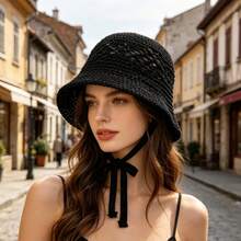 Women Crochet Bucket Hat Solid Color Cutout Breathable Knitted Beach Hat Sun Hat Spring Summer Bucket Caps - 黑色 - 查看 5