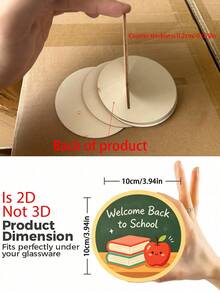 1/6/12pcs Welcome Back To School Wooden Drink Coasters, Cute Apple & Book Print Round Coasters, Non-Slip Wooden Coasters, Suitable For Teachers, Students, Classroom, Home Office Decor, Car Interior Accessories, Car Cup Holders, Desk Decor, Teacher's Day Gift - Multicolor - View 4