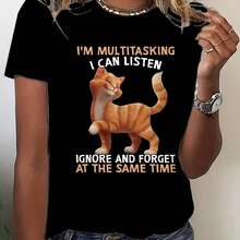 Camiseta de Mujer con Estampado de Gato - Diseño Divertido "Estoy Multitarea, Puedo Escuchar y Ignorar", Transpirable y Cómoda, Estilo Casual de Cuello Redondo para Primavera y Verano, una O - negro - Ver 2