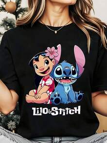 Disney Lilo And Stitch Women's Round Neck Shirt Summer Tops Comfortable O-Neck T Shirt Fashion Casual Women Clothes - 黑色 - 查看 1