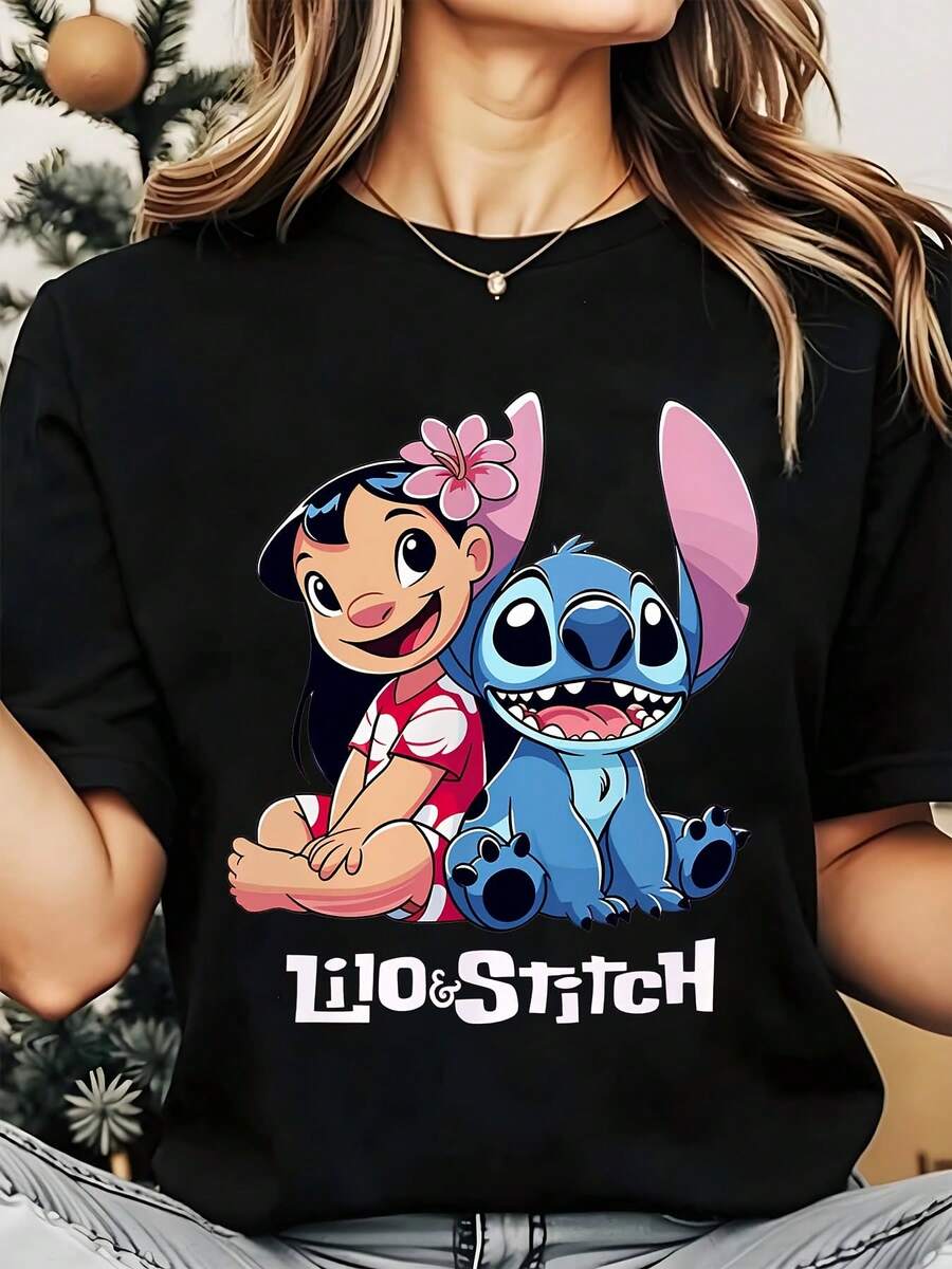 Disney Lilo And Stitch Women's Round Neck Shirt Summer Tops Comfortable O-Neck T Shirt Fashion Casual Women Clothes - 黑色 - 查看 1
