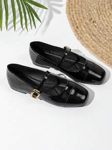 JiaYunNvXie Vintage Mary Jane Buckle Granny Shoes Plus Size Uniform Flat Shoes - Black - View 4
