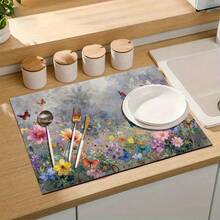 1pc Dish Drying Mat, Coffee Machine Mat, Watercolor Floral & Butterfly Nature Pattern Absorbent Mat, Durable, Excellent Water Absorption, Suitable For Dining Table, Cafe And Other Scenes, Adds Natural Fresh Style To Tabletop, Multi-Purpose Drainage Mat, Home Gift, Tabletop Decor - XYLSD-467 - View 7