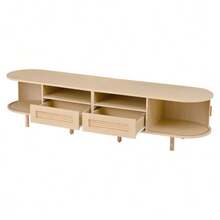 Mueble de TV ovalado de 170 x 40 x 40 cm con 2 cajones de ratán, 2 puertas correderas, mesa de centro y mueble para televisores de hasta 70 pulgadas, acabado en nogal. - Camel - Ver 7