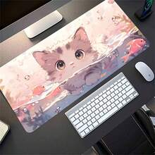 1 miếng lót chuột gaming lớn họa tiết mèo & cá dưới nước dễ thương, đế cao su chống trượt, chống nước & viền khâu, tấm lót bàn phím màu pastel kawaii cho PC/game thủ - Xem 4