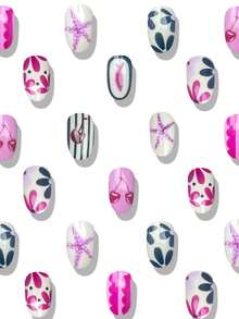 24pcs Short Round Press On Fake Nails Colorful ​Short Nail Starfish And Fish Fake Nails Women Summer Nails - Multicolor - View 2