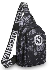 Bolso de pecho con estampado estilo callejero con correas anchas para los hombros y cinta con letras, versátil para desplazamientos diarios y actividades al aire libre - Multicolor - Ver 1
