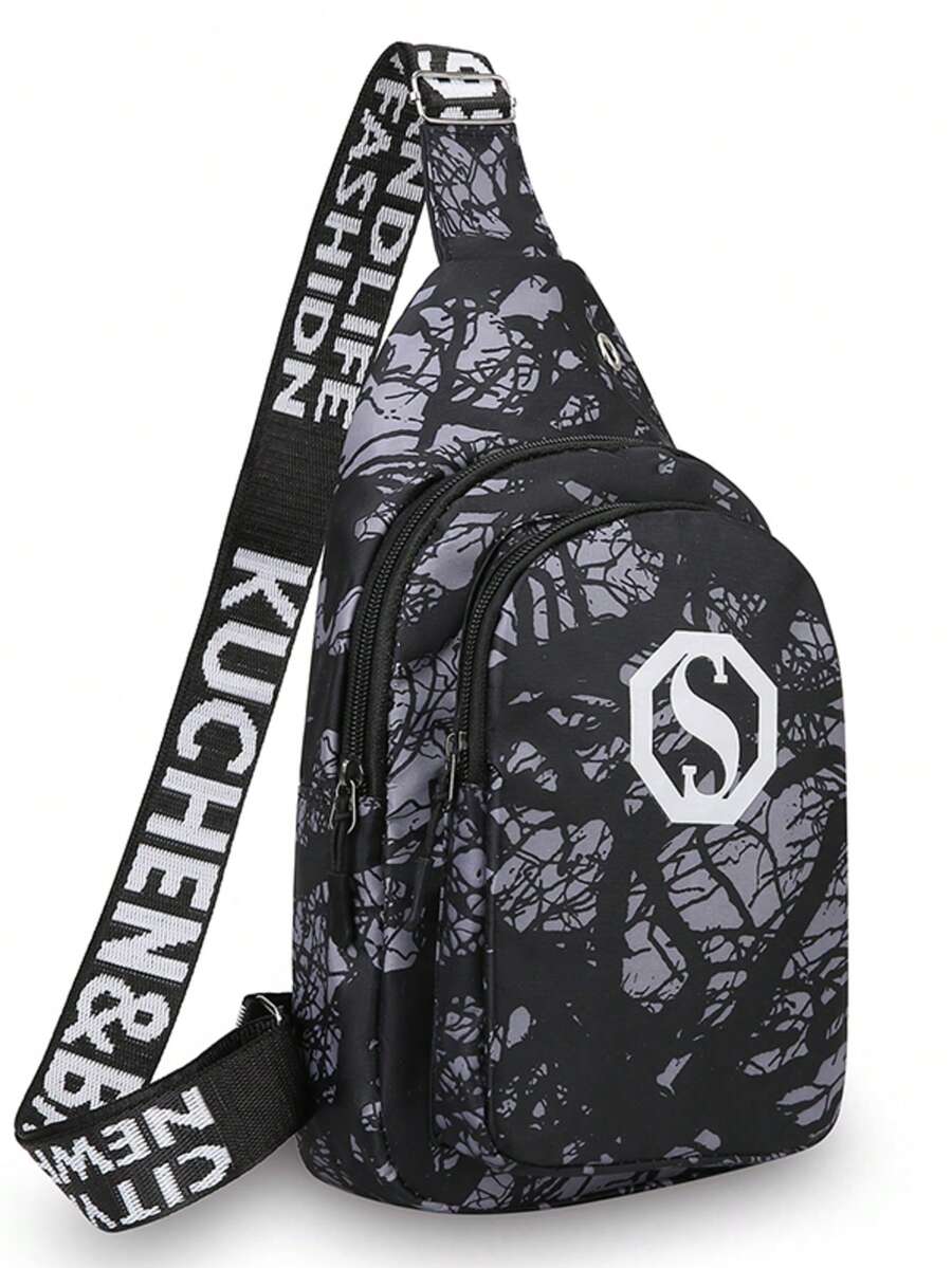 Bolso de pecho con estampado estilo callejero con correas anchas para los hombros y cinta con letras, versátil para desplazamientos diarios y actividades al aire libre - Multicolor - Ver 1