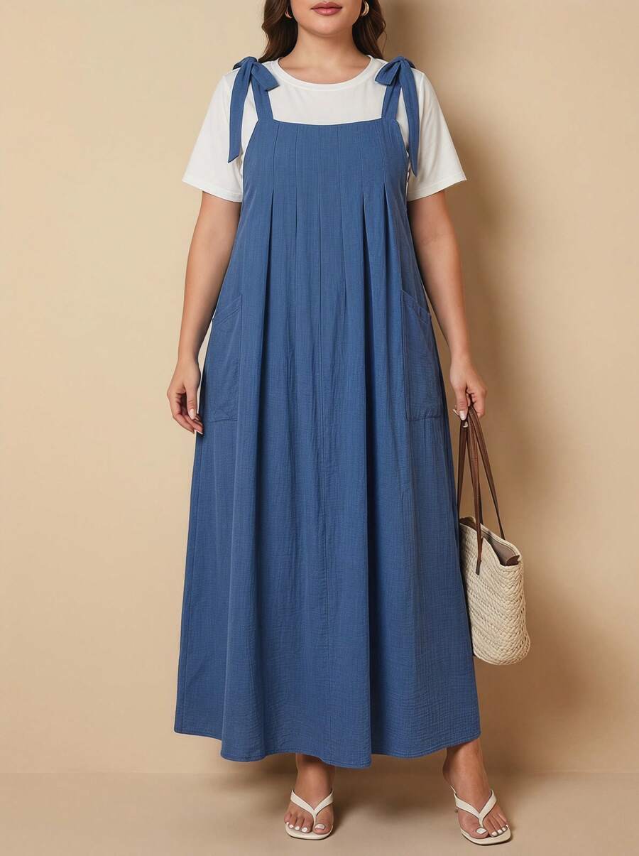 Plus Size Women's Printed Sleeveless Mid-Length Dress With Pockets Elegant Summer - Blue - View 1