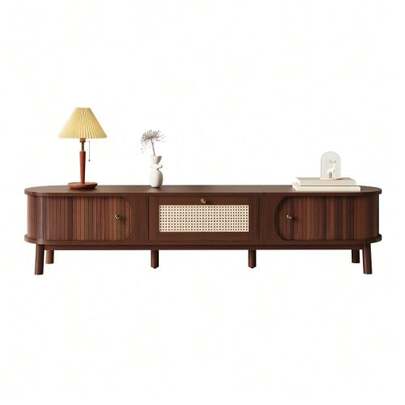TV Cabinet – A Television Cabinet With Natural Wood Doors And Rattan Drawers. Natural Storage Solutions For A Rustic Ambiance.