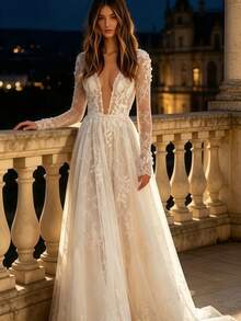 Romantic Lace Maxi Dress For Women 2026 Long Sleeve Sexy V Neck Beach Vacation Resort Party Dinner Gown - 白色 - 查看 5