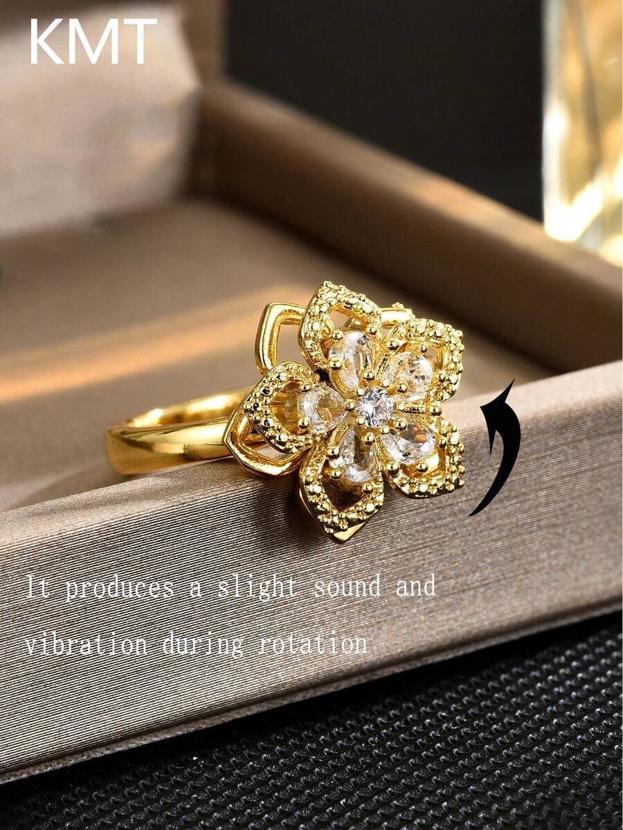 KMT 1pc Copper Zirconia 5-Petal Flower Rotatable Anti-Stress Luxury Fashion Open Ring Gift Box For Women Valentines
