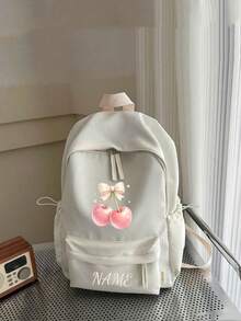 1 pieza Mochila personalizada de gran capacidad para volver a la escuela, versátil con estampado de lazo lindo & cereza, cierre de cremallera, material de nylon, correas de hombro ajustables, portátil a mano, adecuada para la escuela, el transporte, las compras, los viajes al aire libre. Regalo de cumpleaños. - Multicolor - Ver 16