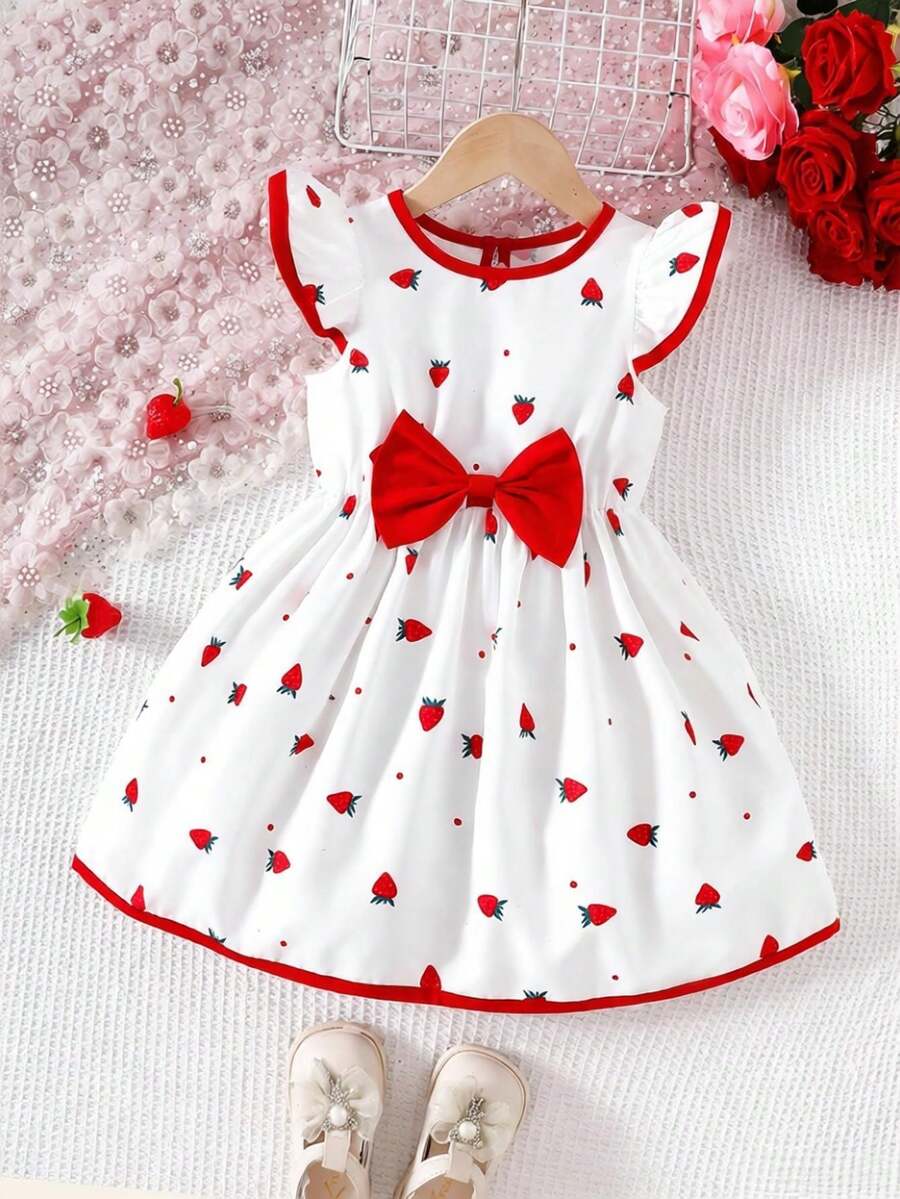 Kleid mit Flügelärmeln und Schleife für Kleine Mädchen mit Erdbeer-Print, Frühling/Sommer - Rot - Übersicht 1