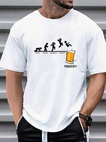 Camiseta Casual de Cuello Redondo para Hombre con Estampado Gráfico de Cerveza - Diseño Friday, Blanca, Manga Corta, Poliéster, Corte Holgado, Perfecta para Vestimenta Casual - Blanco - Ver 1