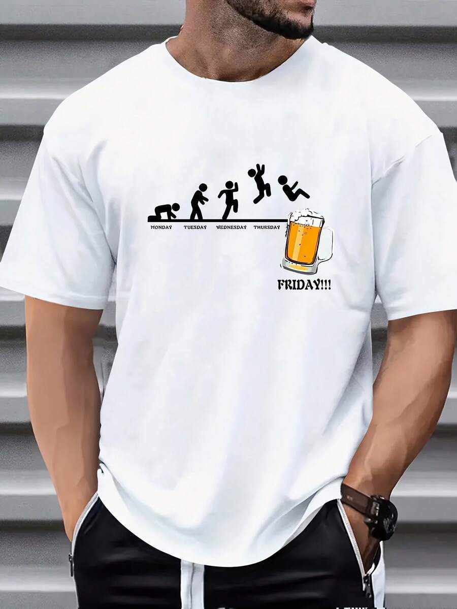 Camiseta Casual de Cuello Redondo para Hombre con Estampado Gráfico de Cerveza - Diseño Friday, Blanca, Manga Corta, Poliéster, Corte Holgado, Perfecta para Vestimenta Casual - Blanco - Ver 1