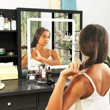 Vanity Dressing Table With Adjustable LED Lighting, Makeup Dressing Table With 5 Drawers And 3 Open Shelves, Makeup Table, Adjustable Illuminated Touchscreen Mirror - Negro-Izquierda - 查看 11