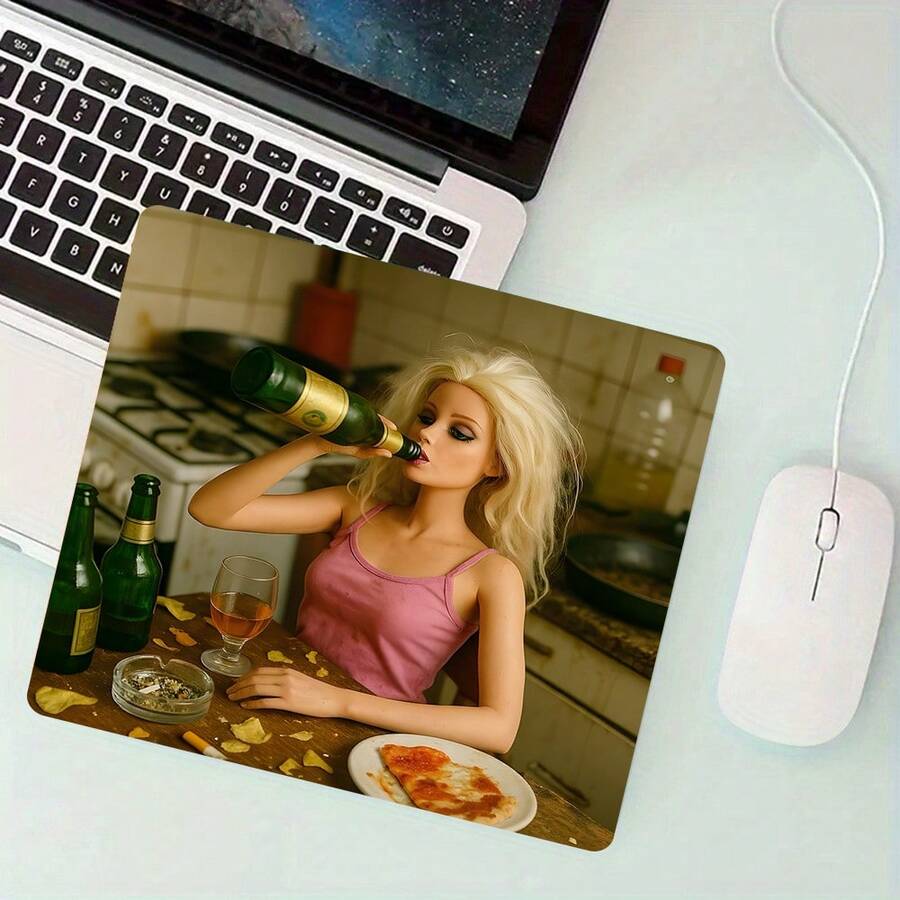 Funny Drunk Party Doll Small Square Mouse Pad, Stitched Lockedge Rubber Anti-Slip Protective Desk Mat, Ideal For Meme Fans, Gamers & Home Office Decor - View 1