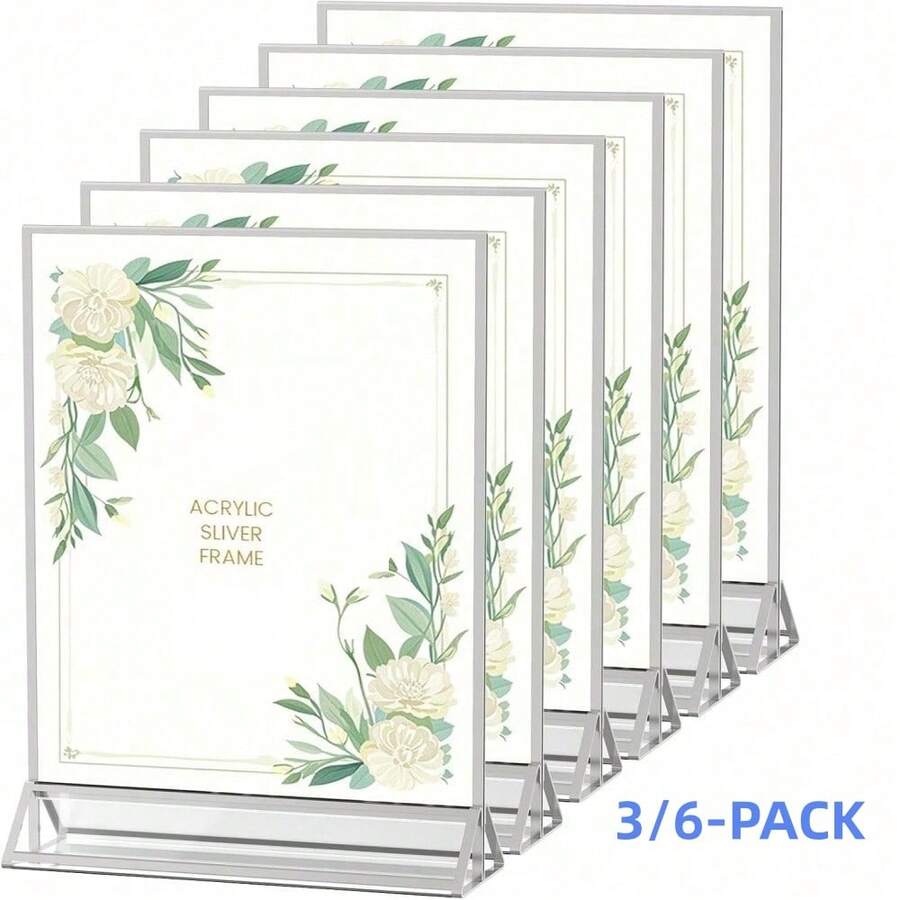 Transparent Acrylic Sign Holder 4X6 Inch/5X7 Inch/6X8 Inch/8.5X11 Inch With Silver Border Display Stand, Double-Sided Acrylic Photo Frame Plastic Sign Holder, Suitable For Wedding Table Numbers, Menu Holder (3/6 Pack)