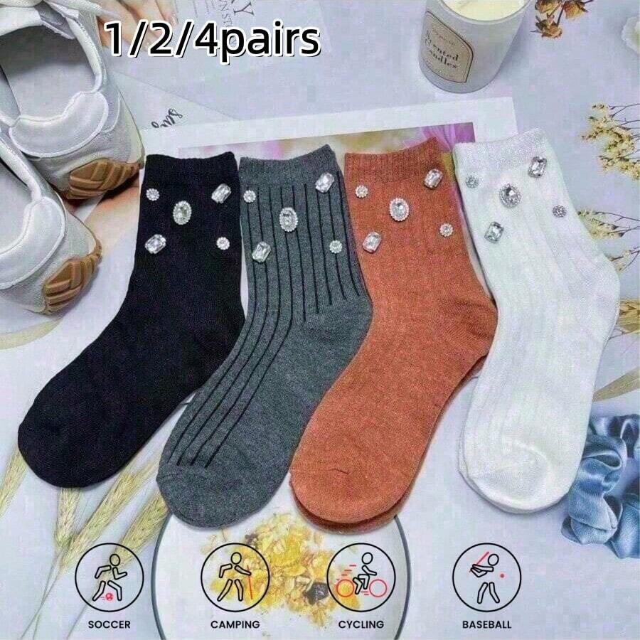 1/2/4 Pairs Women's Rhinestone Shiny Mid-Calf Socks, Cute & Breathable, Casual & Versatile, Comfortable & Durable, Fashionable & Easy To Match, Suitable For Spring & Summer, Lightweight Design, Ideal Gift For Women, Also Perfect For Valentine's Day, Mother's Day, Women's Day And Christmas - Multicolor - View 1