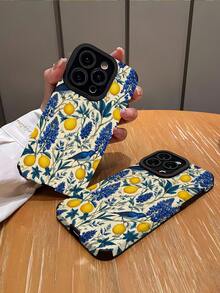 1pc Vintage Blue Floral & Lemon Pattern Vertical Stripe Faux Leather Classic Shockproof Soft Phone Case Compatible With Apple And 17/17 Air/17PRO/17PROMAX/16/16PLUS/16PRO/16PROMAX15/15PLUS/15PRO/15PROMAX - Multicolor - View 2
