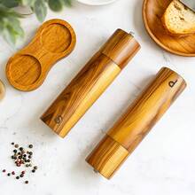 Salt Pepper Grinder Set Wooden With Base Spoon Cleaning Brush Adjustable - Brown - View 5