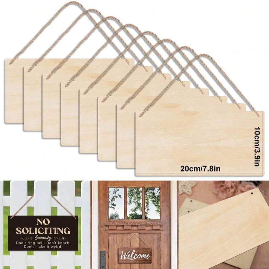 2/4/8pcs Unfinished Linden Wood Boards, Size 20x10cm/7.8x3.9in, Blank Rectangular Hanging Wooden Plaques, DIY Craft Project, With Rope, Wall Decor