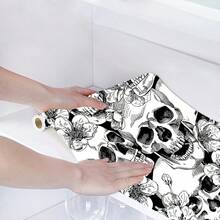 1 Rolo de Papel de Parede Autoadesivo com Padrão de Esqueleto, Fácil de Aplicar e Descolar, Fácil de Limpar, Fácil de Cortar, Adequado para Cozinha, Sala de Estar, Banheiro, Corredor, Quarto e Outras Áreas, Pode Ser Usado para Parede de Bottom, Decoração de Cafeteria, Também como Adesivo de Parede, Papel de Parede, Etc. - Crânio - Visão 10