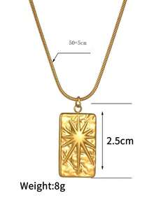 1pc Stainless Steel 18K Gold Plated Square Star & Sun Pendant Necklace, Elegant Minimalist Clavicle Chain For Women, Vacation Style - Yellow Gold - View 3