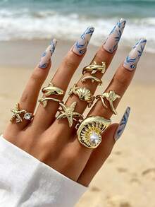 7PCS Ocean Rings, Metal Starfish Shell Conch Rings, Multi- Vacation Beach Layering Versatile Ring Set For Women - Gold - View 2