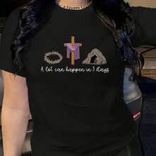 Cotton A Loan Happen In 3 Da Gift For A Christian Easter Day T-Shirt 's Wo's Soft Breathable Tee Classic Fashion Summer Tops Printing Short Sve T-Shirt - 黑色 - 查看 1