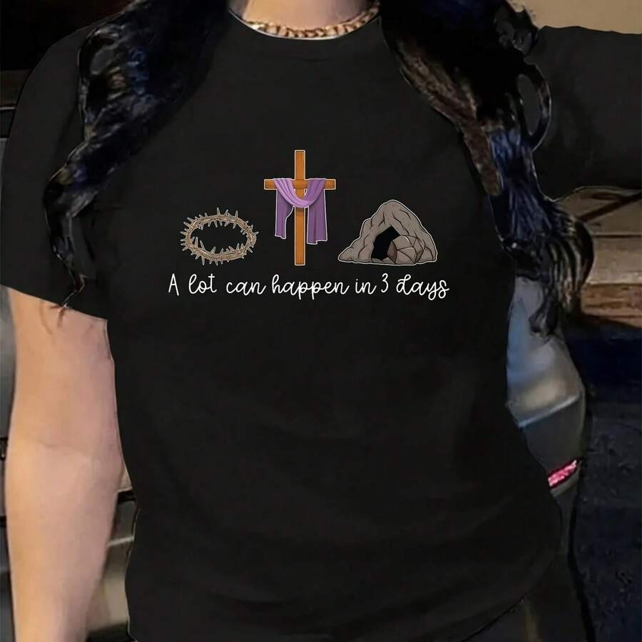 Cotton A Loan Happen In 3 Da Gift For A Christian Easter Day T-Shirt 's Wo's Soft Breathable Tee Classic Fashion Summer Tops Printing Short Sve T-Shirt - 黑色 - 查看 1