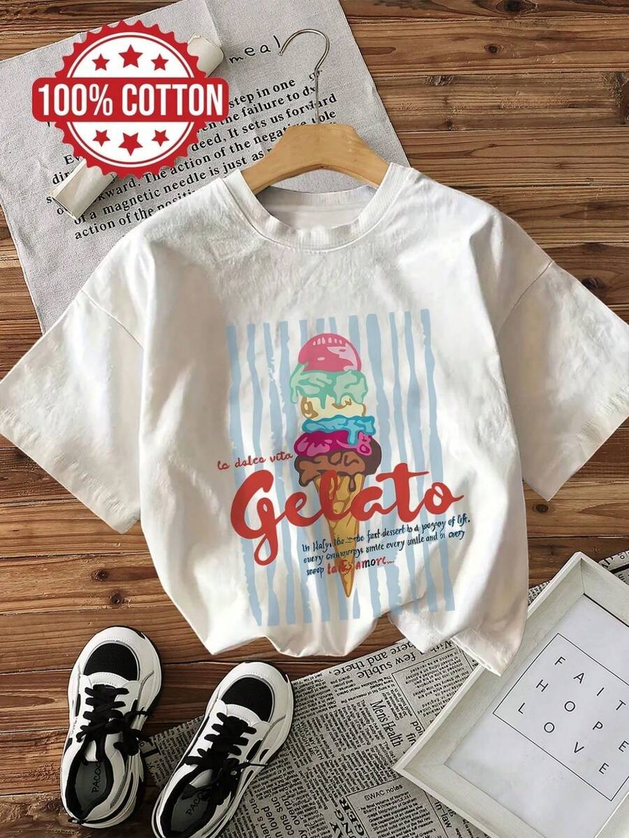 Oversized Striped Ice Cream Print T-Shirt, 100% Cotton, Y2K Retro Casual Top