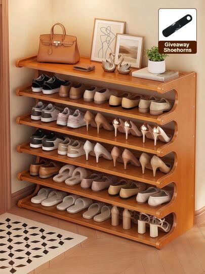6 Tier Bamboo Shoe Rack For Closet, Shoe Organizer Free Standing Shoe Shelf, Shoe Stand With Elegant Arc, Door Shoe Organizer, Space-Saving Shoe Holder For Entryway Living Room Bedroom Hallway, Closet Organizers And Storage, Natural Brown