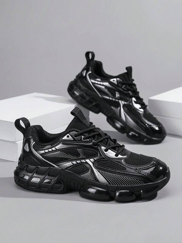 Zapatillas deportivas casuales de running para mujer, nueva moda verano 2026, con patchwork de líneas negras, cojín de aire, diseño chunky, malla transpirable con cuero brillante, suela gruesa con cojín de aire y absorción de impactos, versátiles y cómodas para mujeres jóvenes, uso diario, ir al trabajo, compras y outfits de campus