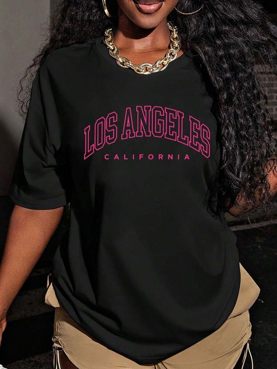 Camiseta casual de mujer, cuello redondo con estampado de letras estilo Los Ángeles, California. Tela cómoda y transpirable, versátil para todos los estilos y apta para cualquier figura