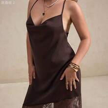 xuehuamaoyi02 Elegantrix Vestido de satén de verano con empalme de encaje transparente, lazo en la cintura y dobladillo para mujer de talla grande. - Azul marino - Ver 4