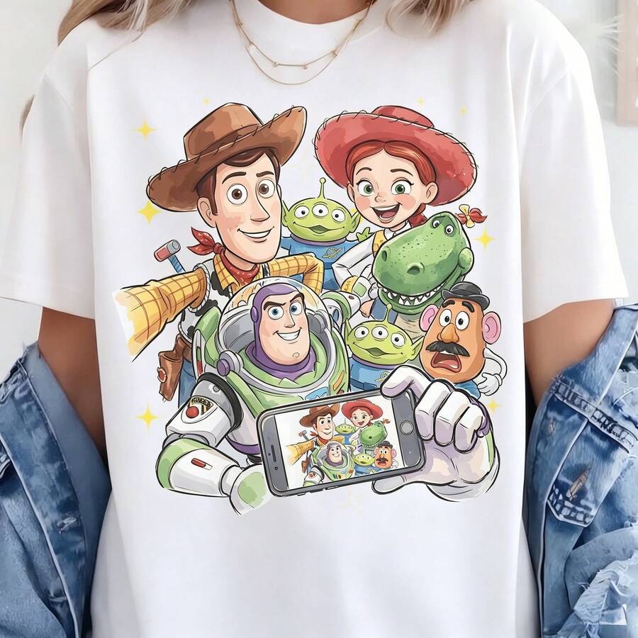 Unisex Disney Baumwoll-T-Shirt With "Toy Story" Selfie-Print, Alle Charaktere Beim Gemeinsamen Foto Im Fröhlichen Cartoon-Design - 白色 - 查看 1