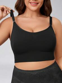 Zimi Collection Plus Size Black Seamless Camisole Sports Bra, Adjustable Spaghetti Strap, Wire-Free, Breathable Fitness Crop Top Fall - Black - View 2