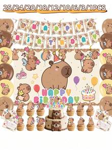 25/24/20/18/12/10/6/3/1件裝水豚生日主題派對裝飾道具，卡通可愛嬰兒生日字母主題派對/嬰兒洗禮裝飾用品，水豚派對用品，包含橫幅、懸掛裝飾、杯子蛋糕裝飾插牌、蛋糕裝飾插牌、桌布、裝飾品、聖誕裝飾 - 彩色 - 查看 1