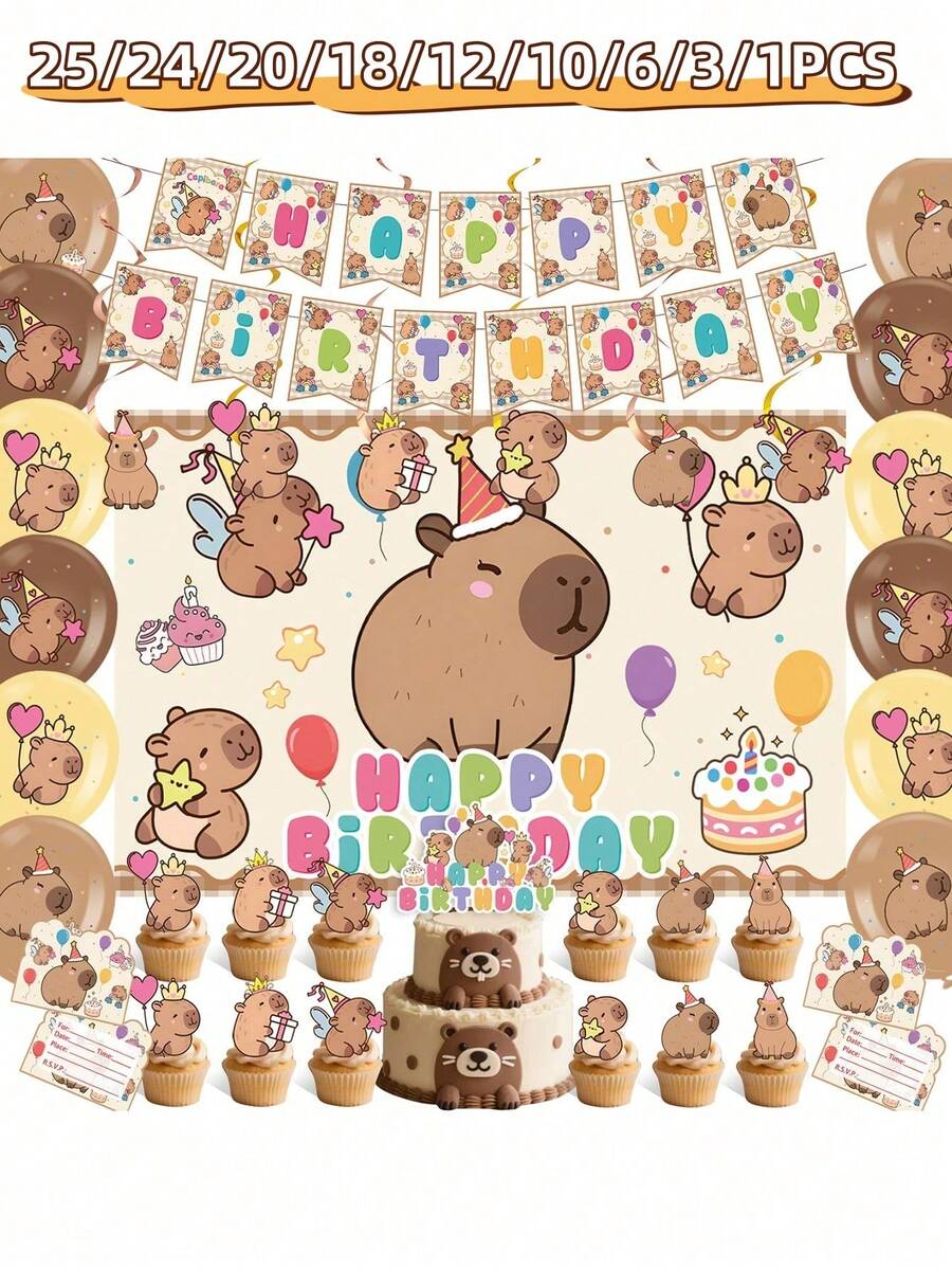 25/24/20/18/12/10/6/3/1件裝水豚生日主題派對裝飾道具,卡通可愛嬰兒生日字母主題派對/嬰兒洗禮裝飾用品,水豚派對用品,包含橫幅、懸掛裝飾、杯子蛋糕裝飾插牌、蛋糕裝飾插牌、桌布、裝飾品、聖誕裝飾 - 彩色 - 查看 1