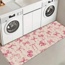 1pc Pink Bow Linen Rubber Kitchen Mat, Bathroom Mat, Door Mat, 2D Printed Rectangular Rug Suitable For Living Room, Bedroom, Hallway, Bathroom, Laundry Room, Polyester Rug, Suitable For Indoor And Outdoor Home Decor - Multicolor - View 14