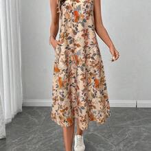 LUNE Vestido midi casual y elegante de cuello redondo, sin mangas, con bajo acampanado y estampado floral retro - Multicolor - Ver 6