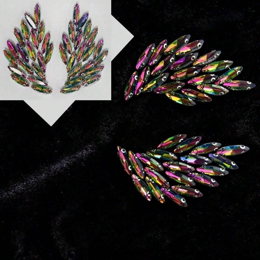 一對翼形水晶鑲嵌水鑽貼花，尺寸 65*4 mm – 彩虹色水晶貼片，可熨燙或縫製 – 用於婚紗、晚禮服、衣物和包包的 DIY 裝飾