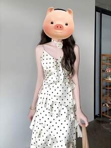 Elegant Polka Dot Cami Maxi Dress With Tiered Ruffle Hem, Satin-Like - Apricot - View 5