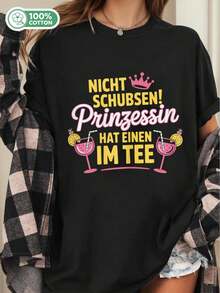 T-shirt d'été pour femme << Ne poussez pas la princesse Majorque ! Voyage de Malle 51 ». 43 mètres, blanc, col rond, avec inscription, motif géométrique et couronne, lavable, haut en coton pour les loisirs, les vacances et les fêtes de mariage. - Noir - Voir 1