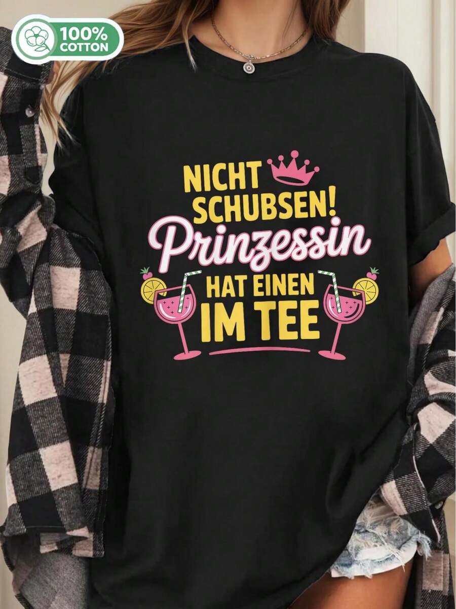 T-shirt d'été pour femme << Ne poussez pas la princesse Majorque ! Voyage de Malle 51 ». 43 mètres, blanc, col rond, avec inscription, motif géométrique et couronne, lavable, haut en coton pour les loisirs, les vacances et les fêtes de mariage. - Noir - Voir 1