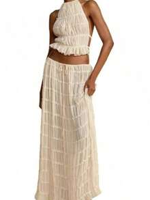 2026 Summer Halter Neck 2-Piece Outfit, Ruffled Crop Top & Maxi Skirt Set, Boho Style Tiered Chiffon Co-Ord For Vacation & Party Wear - 杏色 - 查看 2