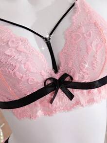 3 Pcs Women's Lingerie Set Tri-Cup Bra Adjustable Straps & Thong & Garter Belt-Cute Comfortable Lace Underwear Set Home - Pink - View 5